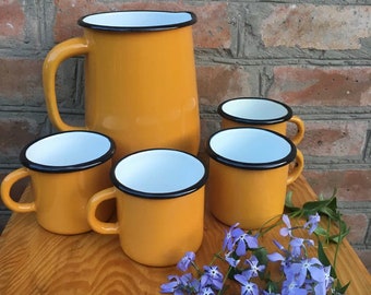 Enamel water or milk jug Mustard yellow colour metal vase vintage kitchen home Decor Retro tableware Old new stock