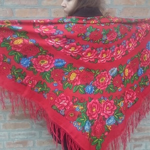 Vintage Big red woolen shawl folk Boho style Ukrainian shawl Roses warm Accessory  gift for Mom Old new stock