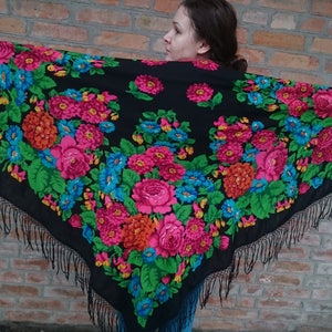 Big black vintage woolen shawl folk boho style Ukrainian shawl Flowers Roses Floral warm Accessory gift for Mom