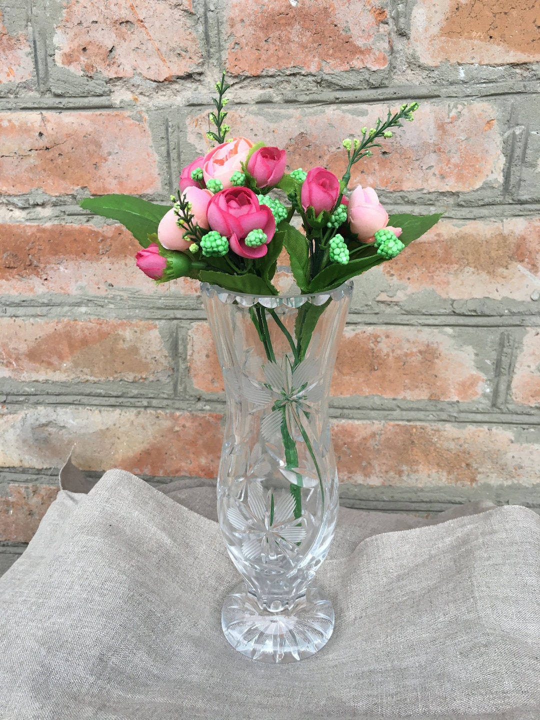 Vintage Crystal Vase Mid Century Heavy Hand Cut Crystal Vase Etsy