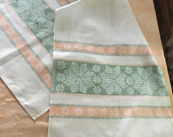 Vintage White Orange Green Linen Table runner Flowers Old new stock organic linen Summer decor gift for Mom 59"*20"(50*150cm)