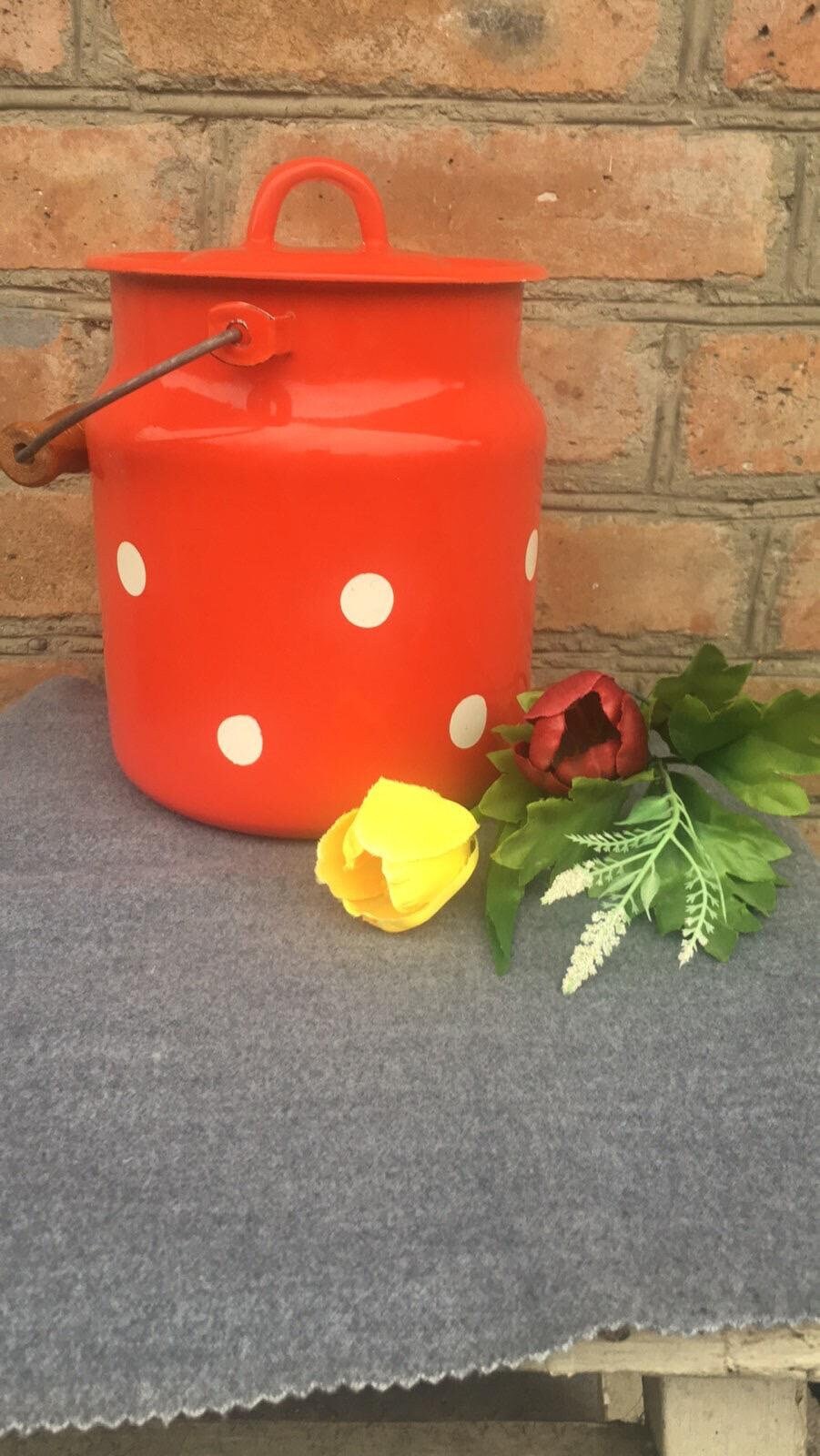 Vintage Milk Can Enamel Metal Polka Dots Red White colours Wooden handle Unique vase Pail Rustic decor French farmhouse jug Old new stock