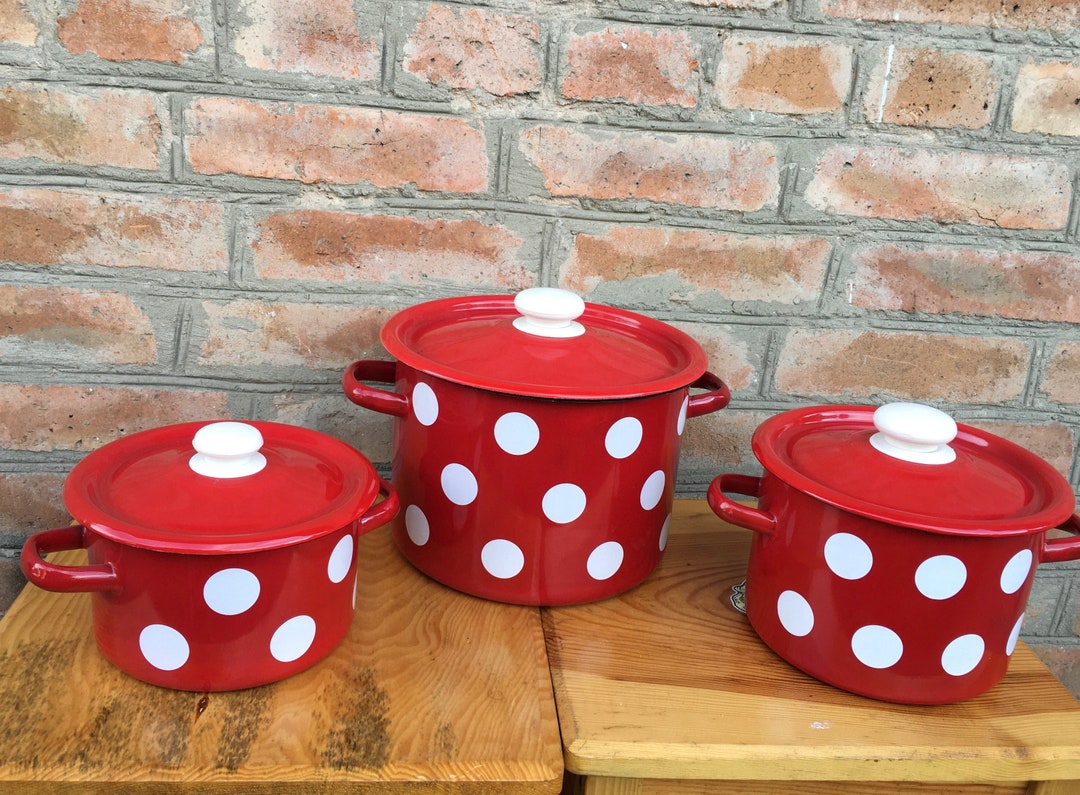 Set of 3 Enamel Pots Vintage Enamelware Soviet Red White Polka Etsy