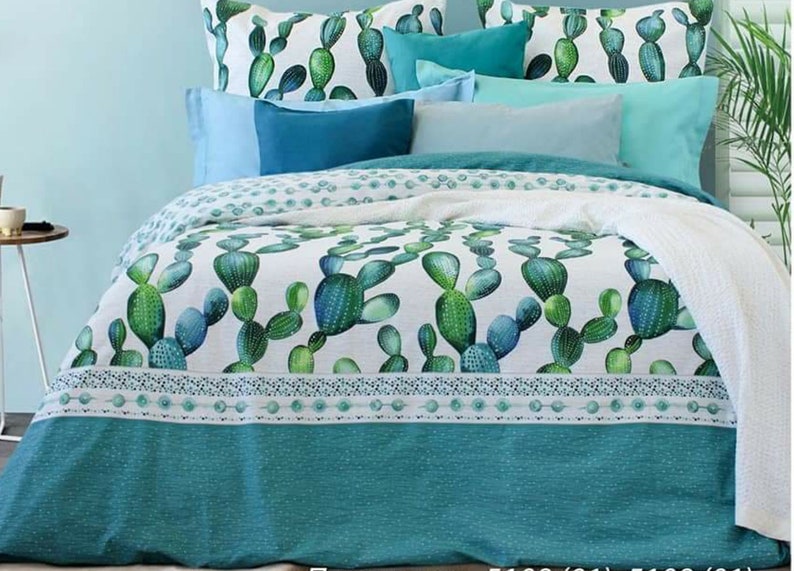 Cactus Aqua Blue Green White Queen Duvet Cover Bedding Set Etsy