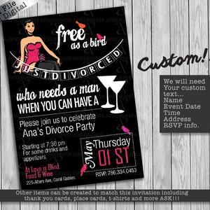 May include: Black and white invitation with pink accents for a divorce party. The invitation features a woman in a red dress and the text "Just Divorced, who needs a man when you can have a..."  The invitation is for a party on Thursday, 01st.