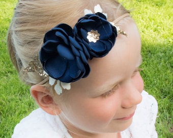 Navy - Gold - Glitter - Sequin - Soft Flower Headband - Baby Headband - Girls Hairband - Flower Crown - Spring Heaband - Wedding - Blue