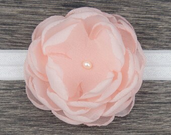 Pink Flower Headband - Soft Elastic - Christening Hairband - Baptism Headband - Girls - Baby Girl - Newborn - Toddler - Photo Prop