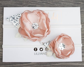 Blush Pink Silver Flower Hairbands - Sister Set - Twins - Mommy And Me