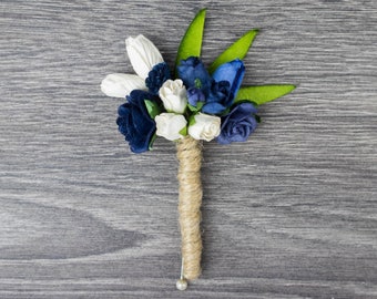 Navy Blue Paper Flower Wedding Buttonhole - Rustic Wedding - Groomsmen Corsage - Grooms Butonhole - Best Man Lapel - Wedding Boutineer