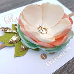 Mint Peach Cream Rose Gold Glitter Sequin Pastel Woodland Flower Headband Baby Girls Hairband Nude Flower Crown image 1