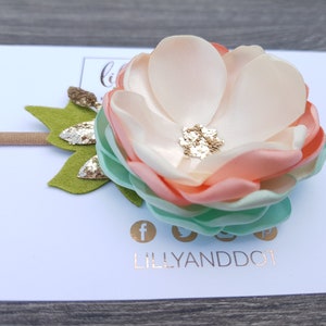 Mint Peach Cream Rose Gold Glitter Sequin Pastel Woodland Flower Headband Baby Girls Hairband Nude Flower Crown image 3
