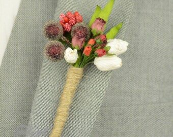 Red Wedding Buttonhole - Rustic Buttonhole - Groomsmen Pins - Boutonniere - Paper Flowers - Groomsmen Flower- Artificial Flowers - Christmas