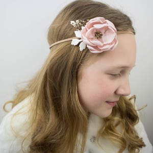Large Blush Pink Rose Gold Glitter Flower Headband on a Stretch Nylon Band image 2