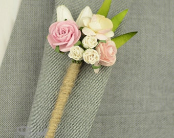 Pale Pink Paper Flower Wedding Buttonhole - Rustic Wedding - Groomsmen Corsage - Grooms Butonhole - Best Man Lapel - Wedding Boutineer