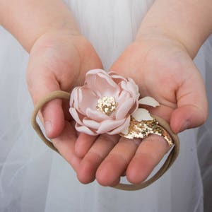 Small Blush Pink Rose Gold Glitter Flower Headband image 1