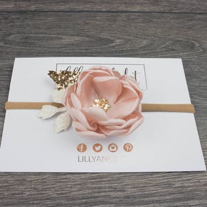 Large Blush Pink Rose Gold Glitter Flower Headband on a Stretch Nylon Band image 5