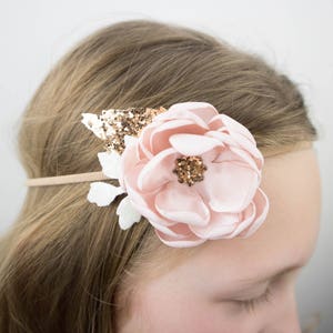 Large Blush Pink Rose Gold Glitter Flower Headband on a Stretch Nylon Band image 4