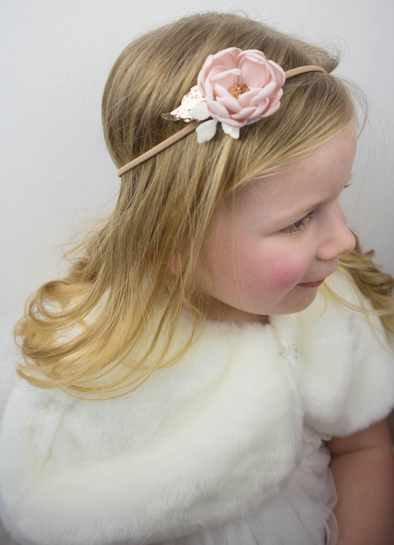 Small Blush Pink Rose Gold Glitter Flower Headband image 5