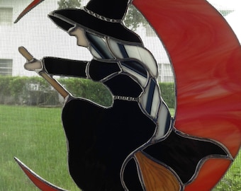 SPECIAL ORDER for 1313 WITCH.       Halloween Witch Flying Over the Moon..Custom Made Stained Glass - Free Shipping for Halloween!