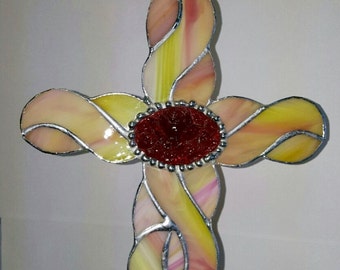 Stained Glass Cross 8” L x 7” W, Unique Center Rose Jewel, Perfect Spring/ Easter Gift, Suncatcher