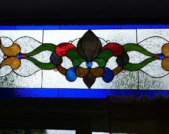 Exquisite 6' Stained Glass Jewel Encrusted Transom Window Panel