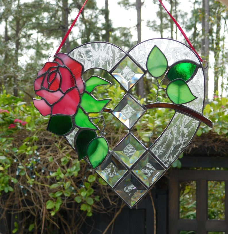 Beautiful Rose Window Suncatcher Heart Shaped Large Unique Etsy