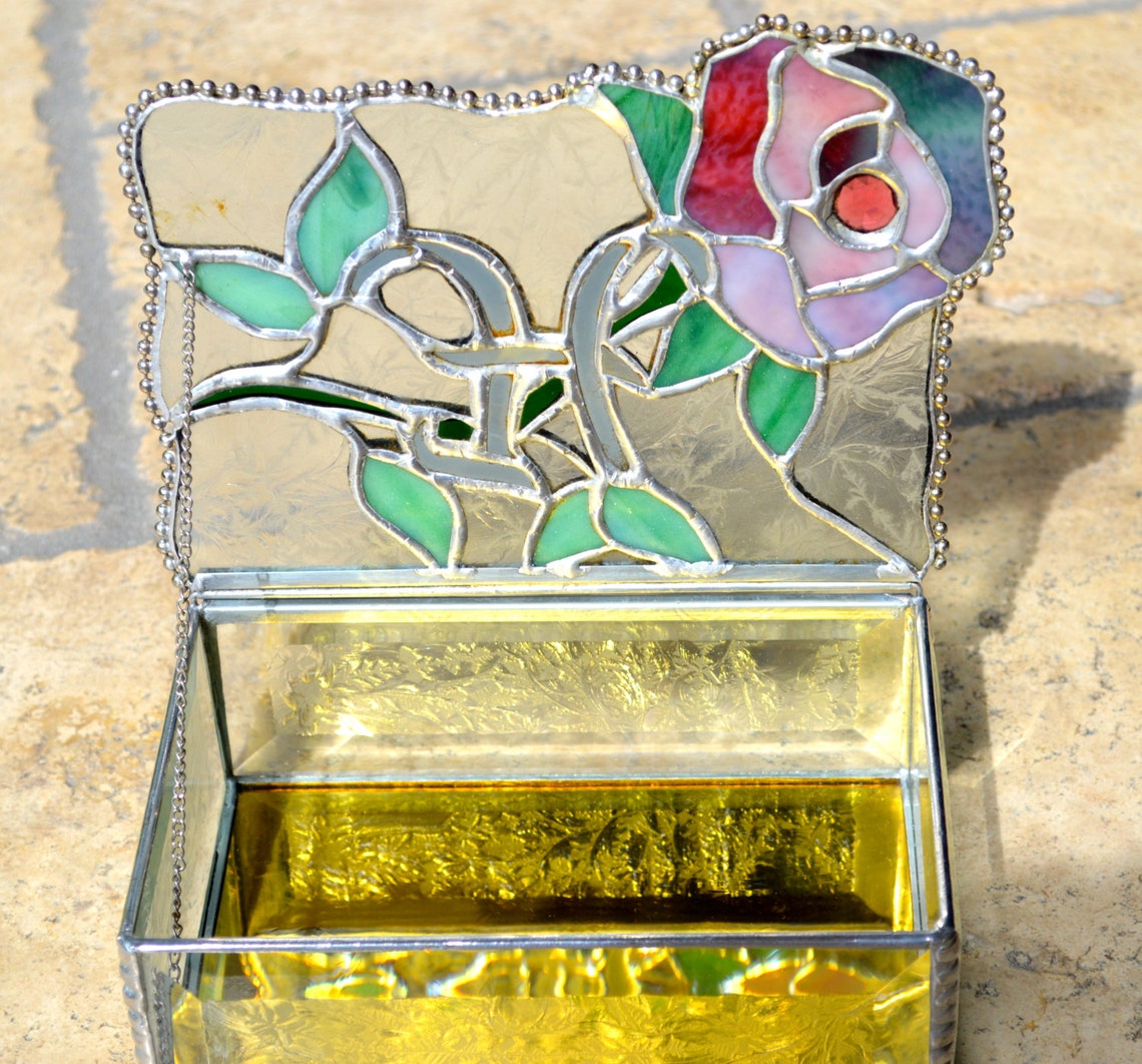 Floral Stained Glass Jewelry Box Monogrammed Initial Vanity Etsy