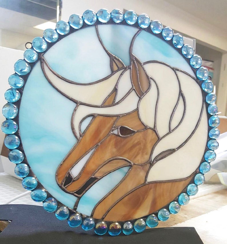 Unique Stained Glass Horse Suncatcher, Beautiful Turquoise Nugget