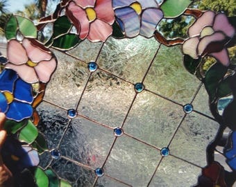 Gorgeous Flower Wreath Panel, 20" Diameter Real Stained Glass Piece , Beautiful Blue Faceted Jewels!!