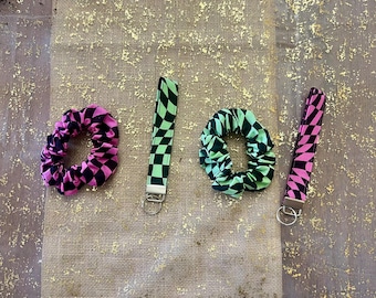 Checkerboard Scrunchie and Wristlet Keychain Set, Y2K, Alternative, Bag Charm, Key Fob