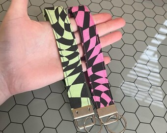 Funky Wavy Racing Squares, Pink and Green, Key Fob Wristlet