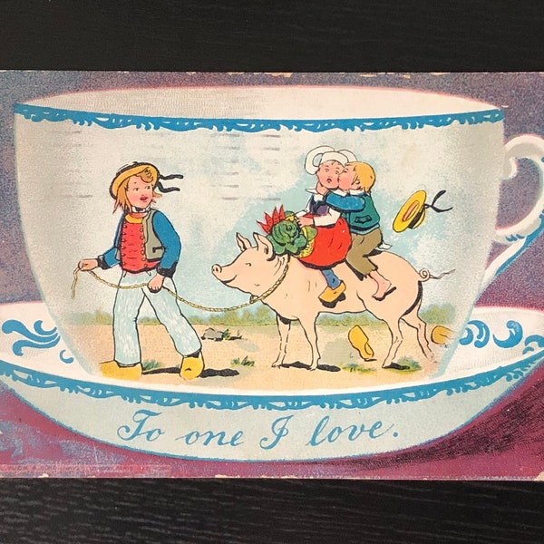 1907 Raphael Tuck Valentine Postcard - Dutch Design - Children and Pig on a Teacup - Undivided Back - Antique Postcards
