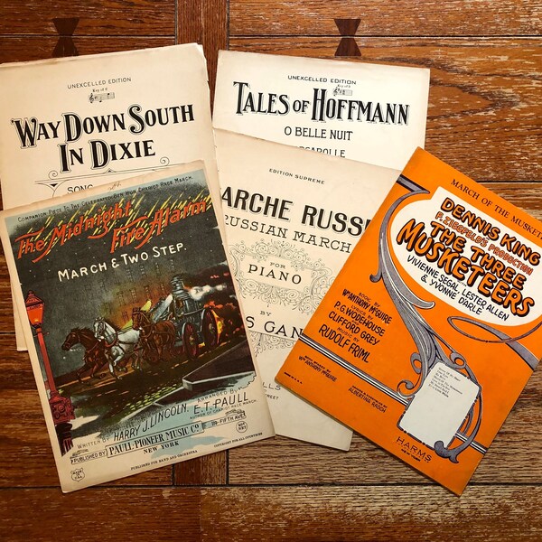 1920s Sheet Music Set - 5 Pieces - Three Musketeers - Midnight Fire Alarm - Russian March - Opera - Art Deco Covers