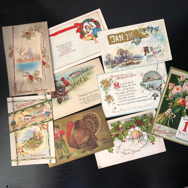 9 Assorted Holiday Postcards - Antique Thanksgiving, Christmas, New Year - 1910 to 1915 - Some Unused - Embossed - Glitter