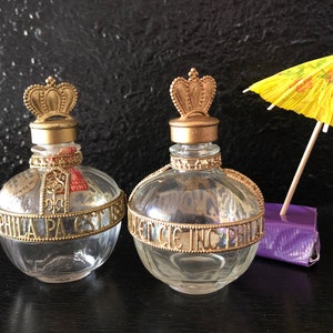 Set of 2 Charles Jacquin Miniature Bottles - Orb Shaped With Metal Cage and Crowns - Creme de Menthe - Grenadine - Glass