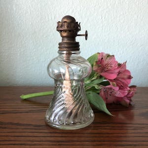 Small Glass Oil Lamp Base - Swirl Design - 5 1/2 inches tall - Clear Glass - Plum and Atwood Acorn Burner