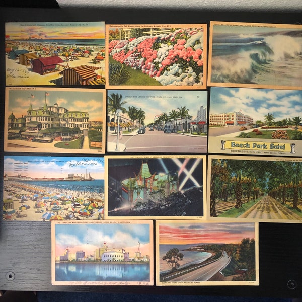 1940's Vacation Postcards - Coast to Coast -  Miami Beach - Atlantic City - Southern California - Special Defense Stamp