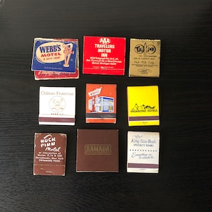 9 Vintage Hotel Matchbooks - 1950&#39;s 60&#39;s 70&#39;s 80&#39;s - Tiki Inn - Webb&#39;s Motel - Wakulla Motel - Vagabond Hotel - California - Florida - Paris