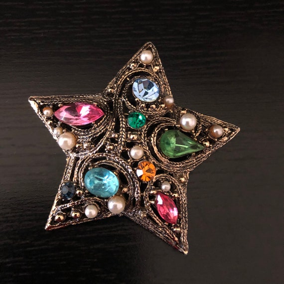 Vintage La Roco Rhinestone and Pearl Star Brooch … - image 1