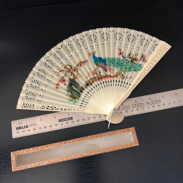 Chinese Peacock Fan With Original Box - Plastic - Made in Hong Kong