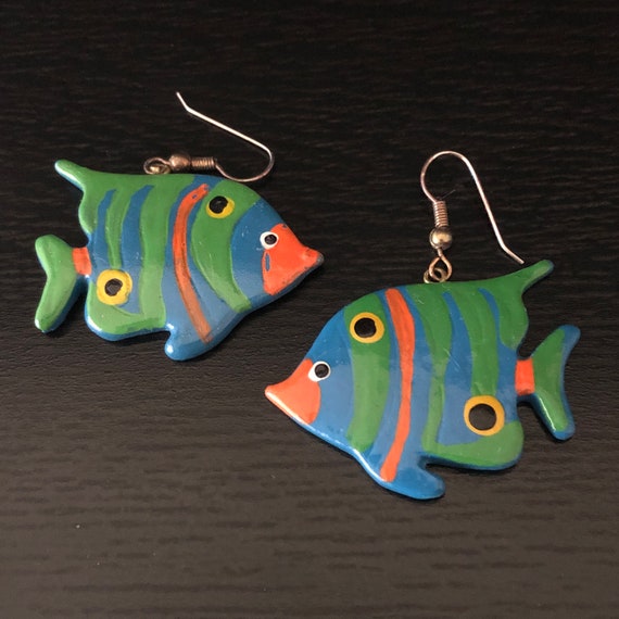 Vintage Tropical Fish Earrings - 1 5/8 inches wid… - image 1