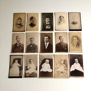 Set of 15 CDV - Victorian Portraits - Babies, Toddlers, Adult Men and Women -  Carte de Visite -  Antique Photography - 2 1/2 by 4 inches