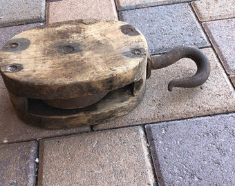 Large Antique Single Pulley - Wood and Cast Iron - Apx 12 Inches Tall - Primitive Barn or Industrial Pulley - Farm Home Decor