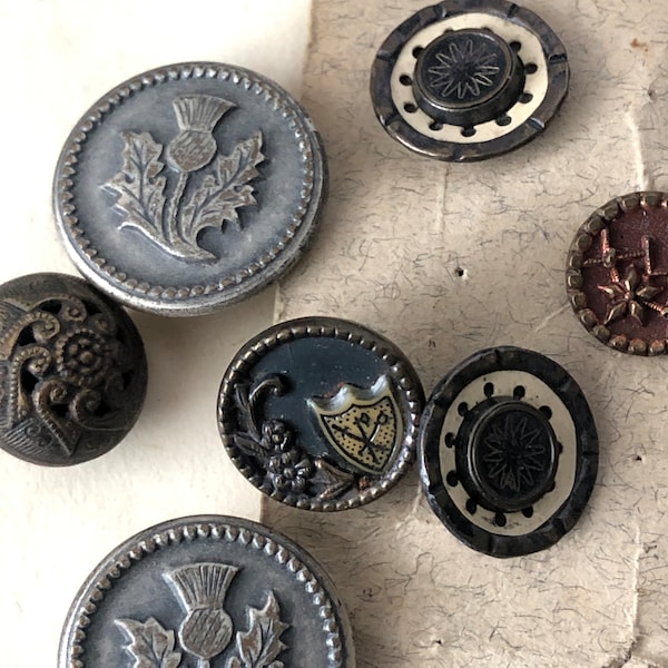 17 Antique and Vintage Buttons - Victorian Picture Buttons - Scottish Thistle - Layered Metal