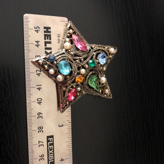 Vintage La Roco Rhinestone and Pearl Star Brooch … - image 3