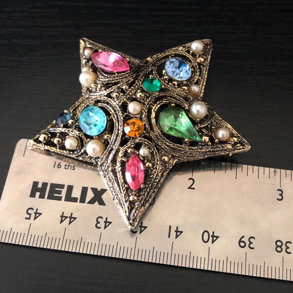 Vintage La Roco Rhinestone and Pearl Star Brooch … - image 2