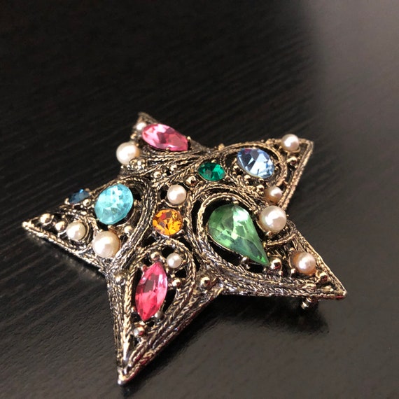 Vintage La Roco Rhinestone and Pearl Star Brooch … - image 9