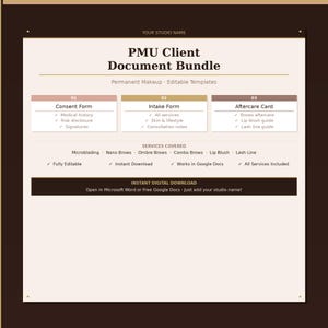 PMU Client Forms Bundle Permanent Makeup Consent Form, Aftercare Card Editable Digital Download, Microblading Nano Brows Ombre Lip Blush