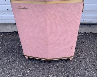 Cesto portabiancheria vintage di metà secolo, rosa, stile Barbie, imbottito, MCM