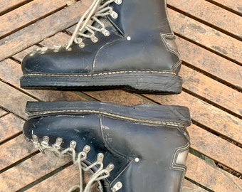 Vintage Schnürschuhe Italienisch Made Munari Ski Boots 1950er Jahre Schwarz und Silber 9 Herren